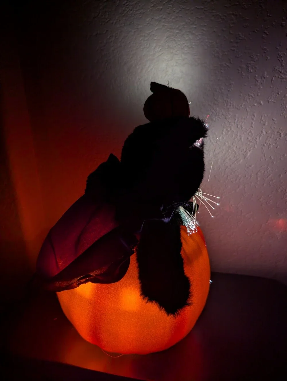 Vintage Halloween Fiber Optic Black Cat In Pumpkin Hat Cape in Pumpkin 12
